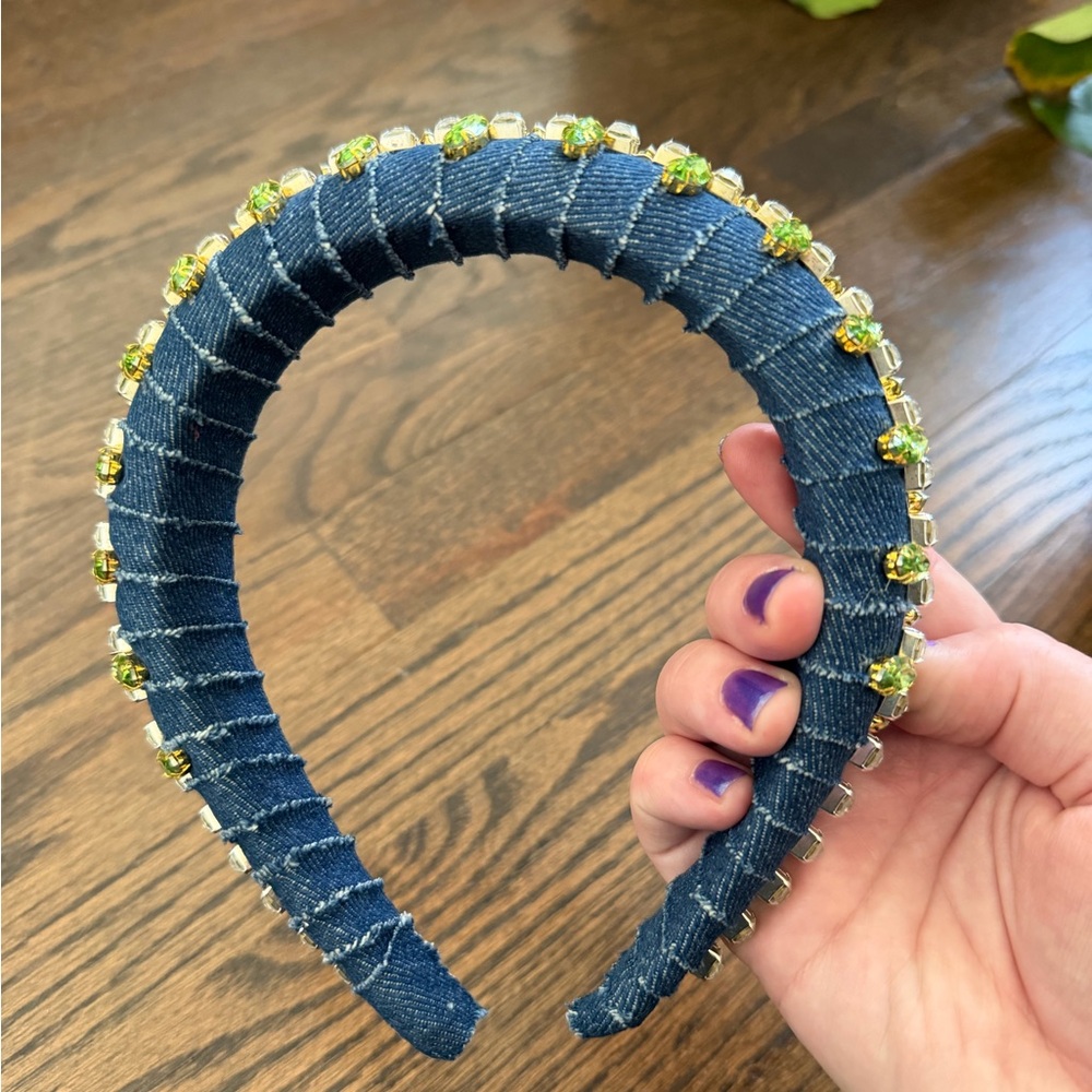 Denim Crystal-Trim Padded Headband in Blue and Green